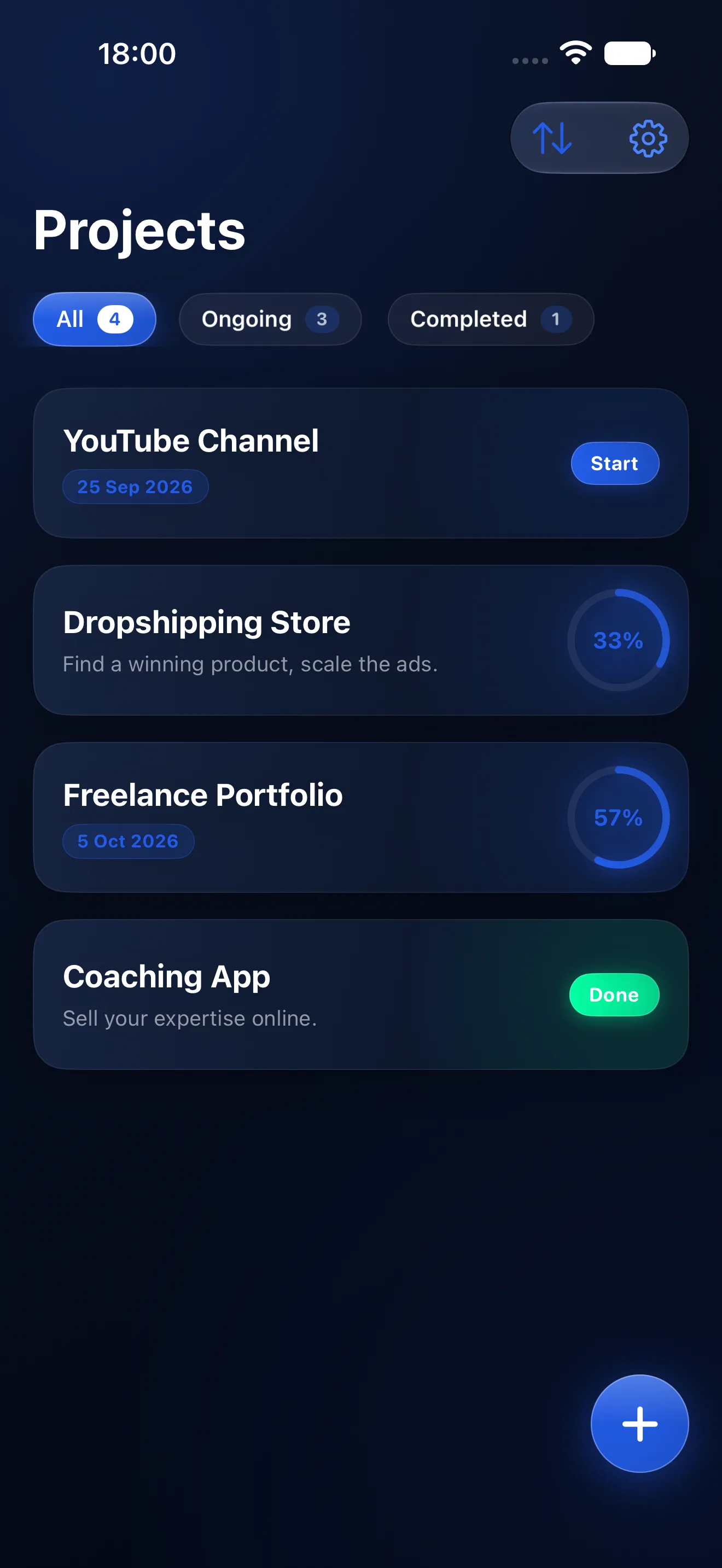 Kanbas Projekte-Bildschirm: YouTube-Kanal, Dropshipping-Shop bei 33 Prozent, Freelance-Portfolio bei 57 Prozent, Coaching-App erledigt.